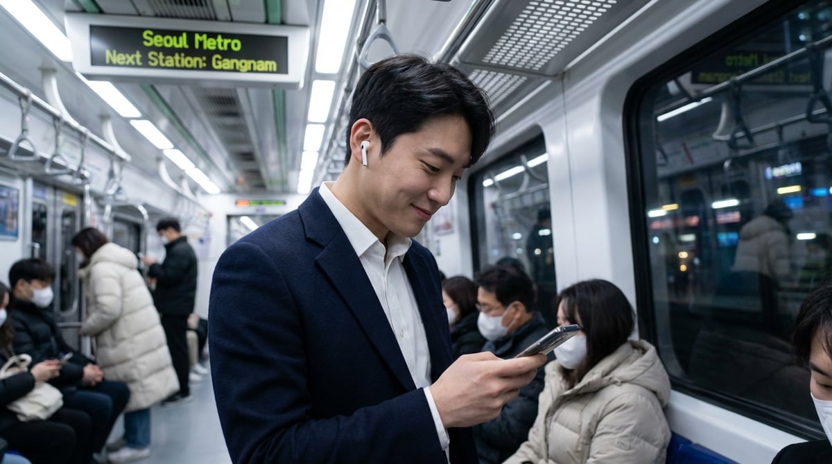 30대 한국인 남성이 서울 지하철에서 무선 이어폰을 착용하고 스마트폰을 보며 미소 짓는 출퇴근 모습