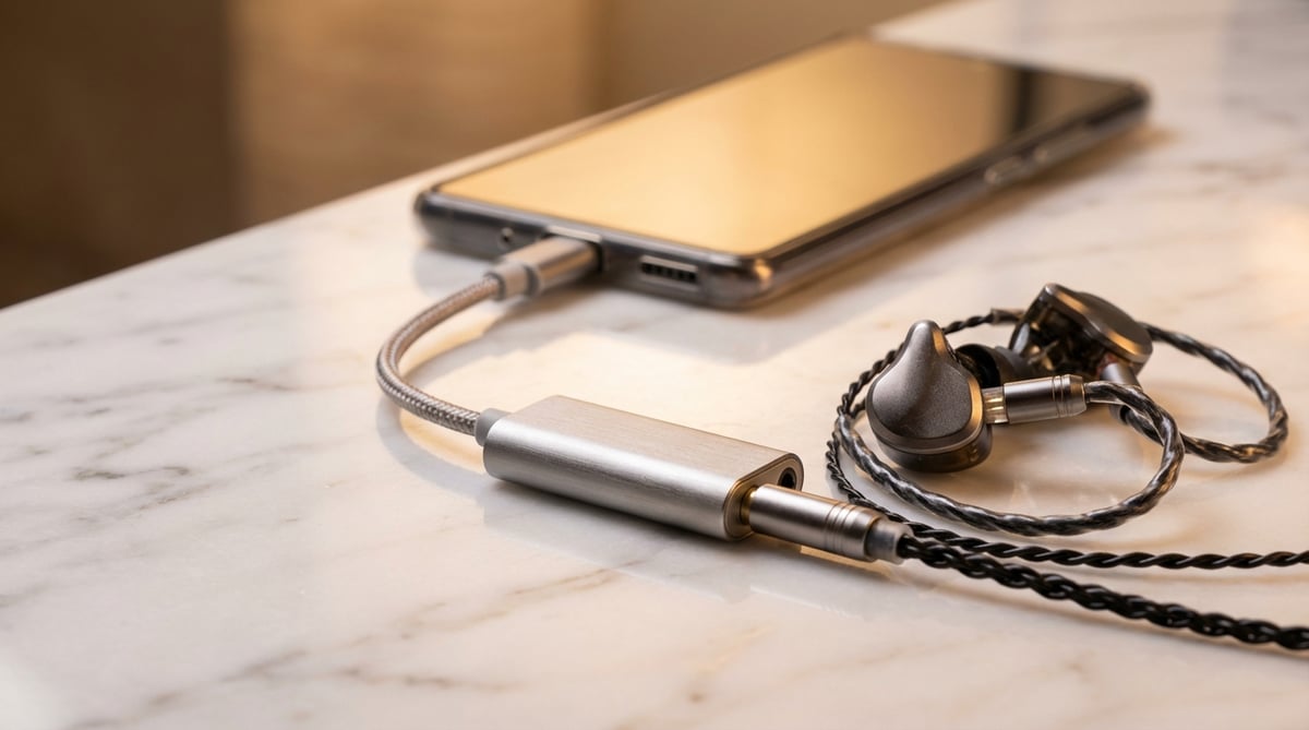 스마트폰에 연결된 USB-C 동글 DAC과 유선 이어폰 세팅