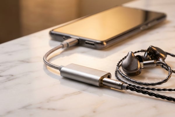 스마트폰에 연결된 USB-C 동글 DAC과 유선 이어폰 세팅