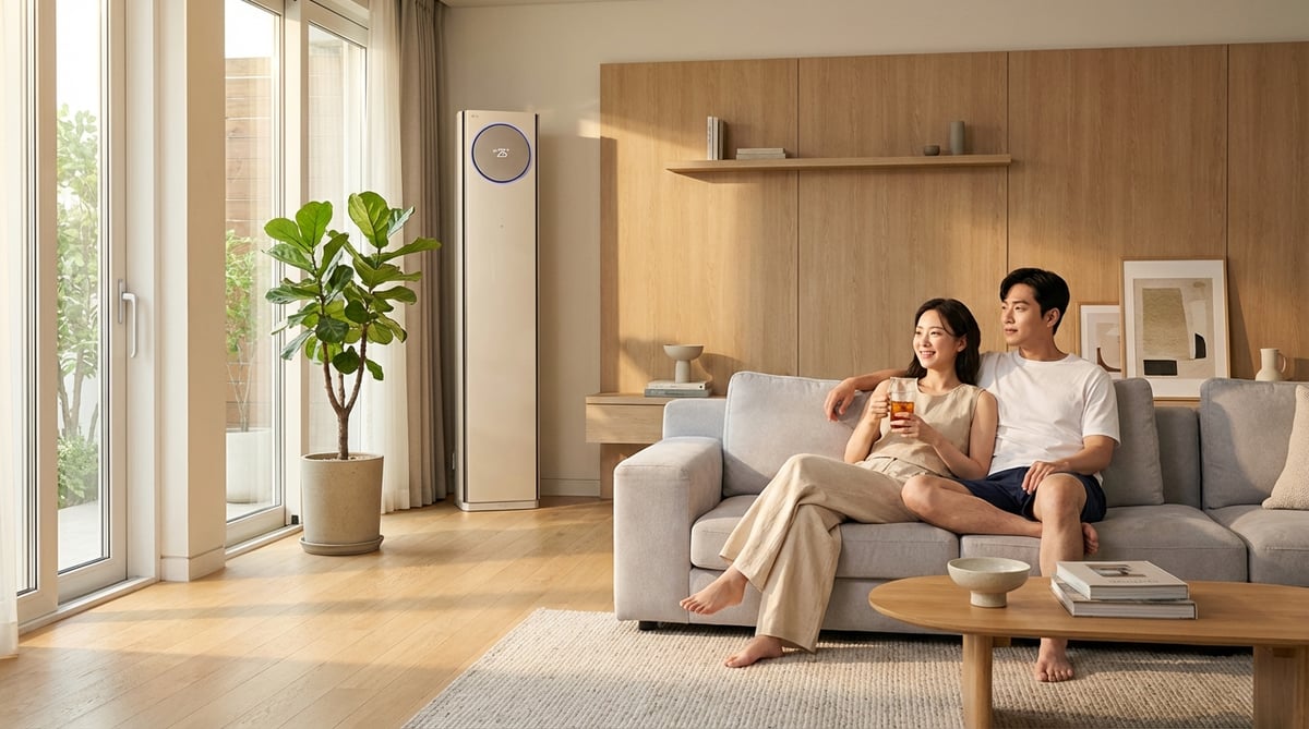 시원한 거실에서 편안하게 소파에 앉아 있는 한국인 부부와 배경의 LG 휘센 오브제컬렉션 타워 에어컨