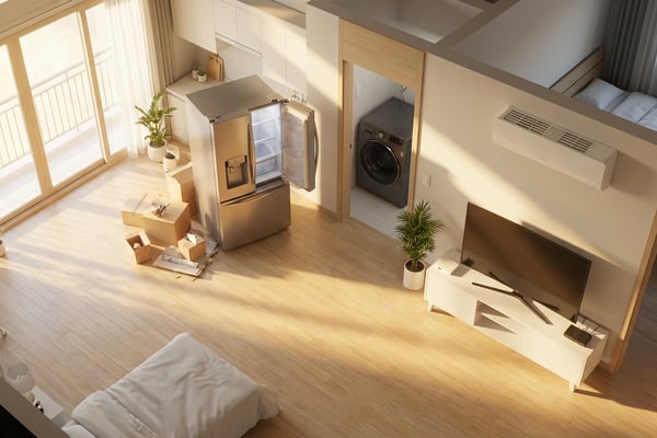 신혼집 거실에 새 가전제품이 배치된 모던 아파트 인테리어