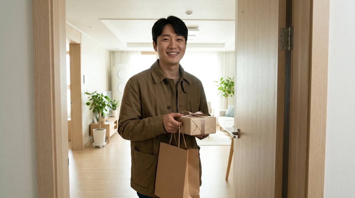 선물과 선물백을 들고 새 집 집들이에 도착해 웃는 사람