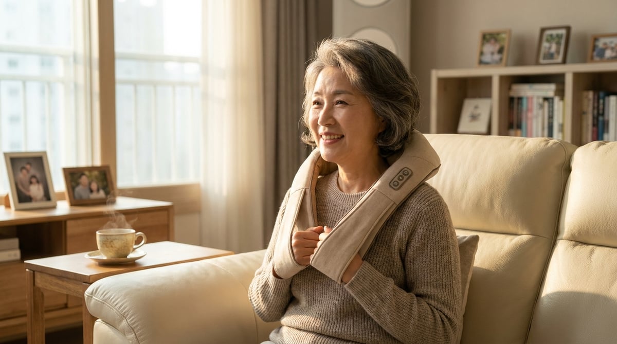 60대 여성이 거실 소파에서 목·어깨 안마기를 착용하고 편안하게 미소 짓는 모습