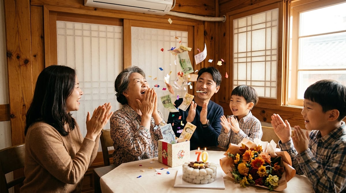칠순잔치에서 용돈 이벤트 상자를 열자 지폐가 나와 웃음이 터진 70대 어머니와 박수치는 가족들