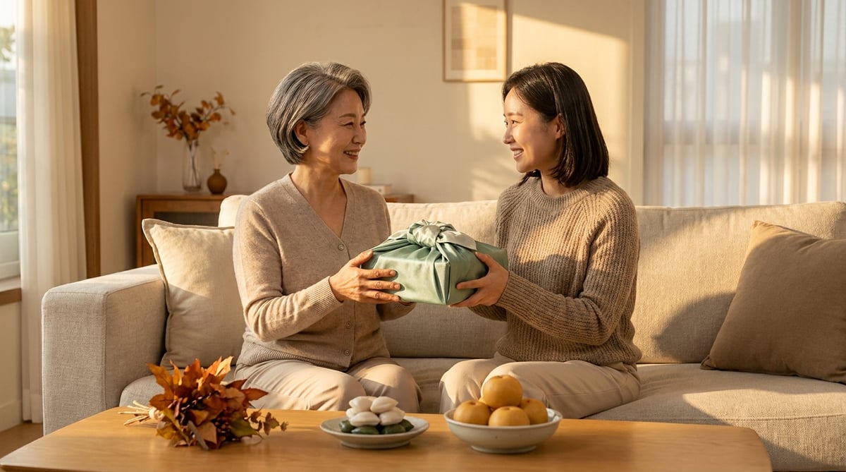 추석 명절 거실에서 30대 딸이 60대 어머니에게 보자기로 포장한 선물을 건네는 따뜻한 모습