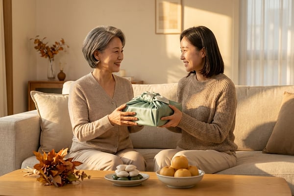 추석 명절 거실에서 30대 딸이 60대 어머니에게 보자기로 포장한 선물을 건네는 따뜻한 모습