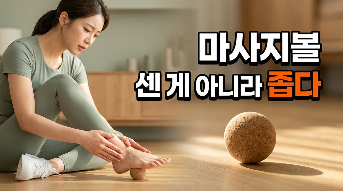 바닥에 앉아 발바닥 아래 마사지볼을 누르고 있는 모습