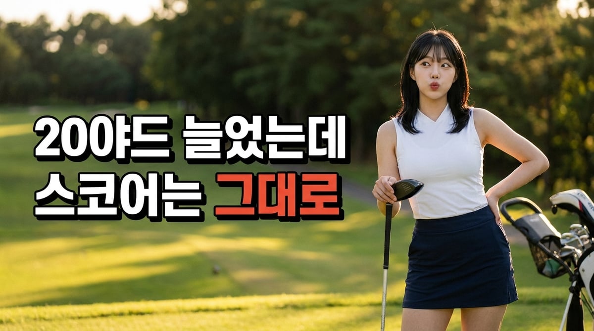 해 질 녘 티박스에서 드라이버를 짚고 서서 공이 떨어진 쪽을 갸웃하며 바라보는 여성 골퍼