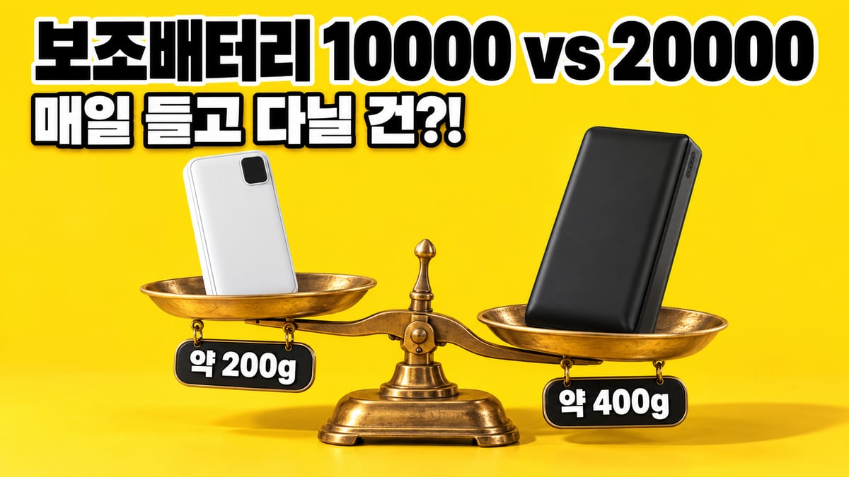 저울에 올린 10000mAh와 20000mAh 보조배터리 — 약 200g과 약 400g