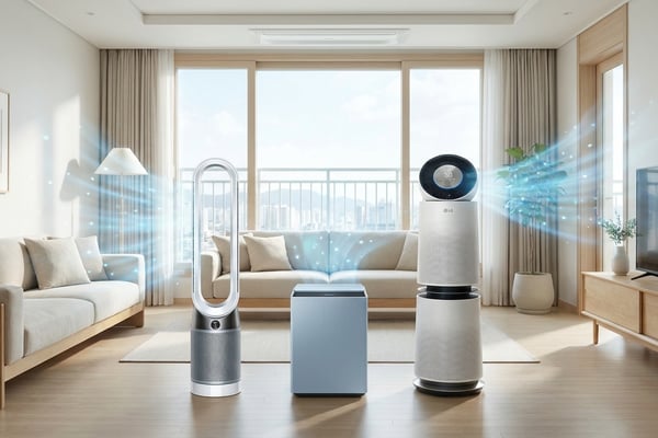 밝고 깔끔한 현대적 거실에 프리미엄 공기청정기가 놓여 있는 모습, 미니멀 인테리어와 자연광이 어우러진 한국 아파트 공간