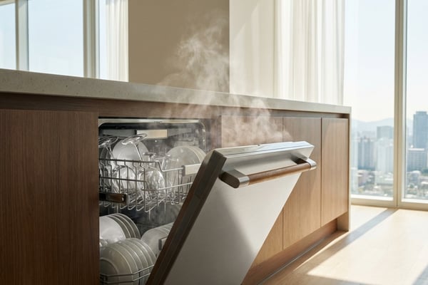 모던 주방에 빌트인으로 설치된 프리미엄 식기세척기에서 건조 스팀이 올라오는 모습, 깔끔한 흰색 주방 인테리어