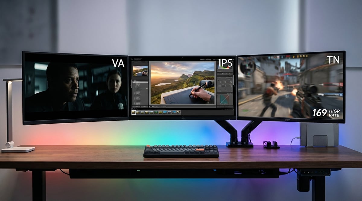 깔끔한 데스크 셋업 위에 나란히 놓인 세 대의 27인치 모니터가 IPS, VA, TN 패널의 화질 차이를 보여주는 비교 장면