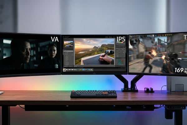 깔끔한 데스크 셋업 위에 나란히 놓인 세 대의 27인치 모니터가 IPS, VA, TN 패널의 화질 차이를 보여주는 비교 장면