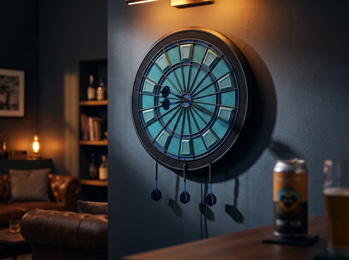 어두운 벽에 걸린 고급 엘라스토머 소재 전자 다트보드, 호프집 다트 머신과 같은 감각의 홈 보드