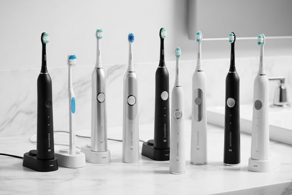 하얀 대리석 카운터탑에 나란히 놓인 다양한 프리미엄 전동칫솔들과 일반 수동 칫솔 비교