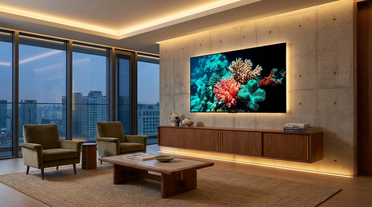 프리미엄 한국 아파트 거실의 콘크리트 벽에 마운트된 77인치 OLED TV가 선명한 산호초 장면을 보여주고, 따뜻한 LED 간접 조명과 미드센추리 가구가 어우러진 인테리어