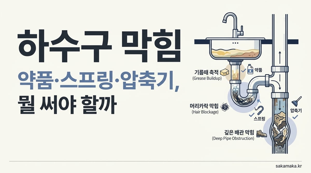 하수구 막힘 원인과 약품·스프링·압축기 선택법을 한눈에 정리한 대표 인포그래픽