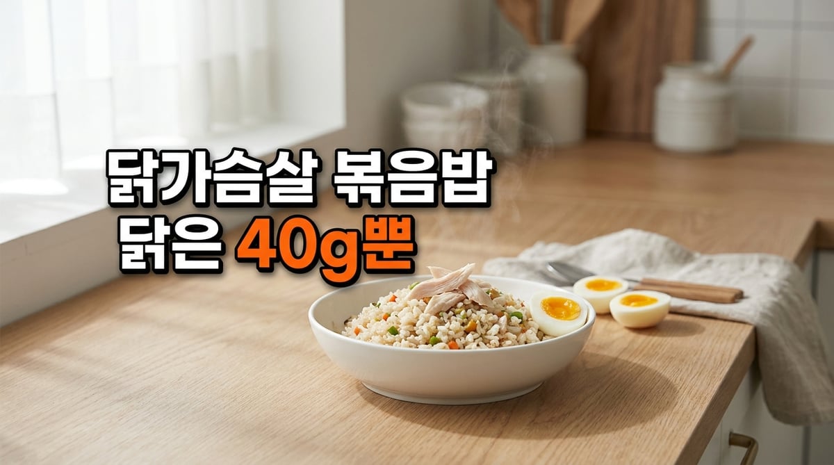 김이 오르는 닭가슴살 볶음밥 한 그릇과 삶은 계란 두 개가 놓인 주방 조리대