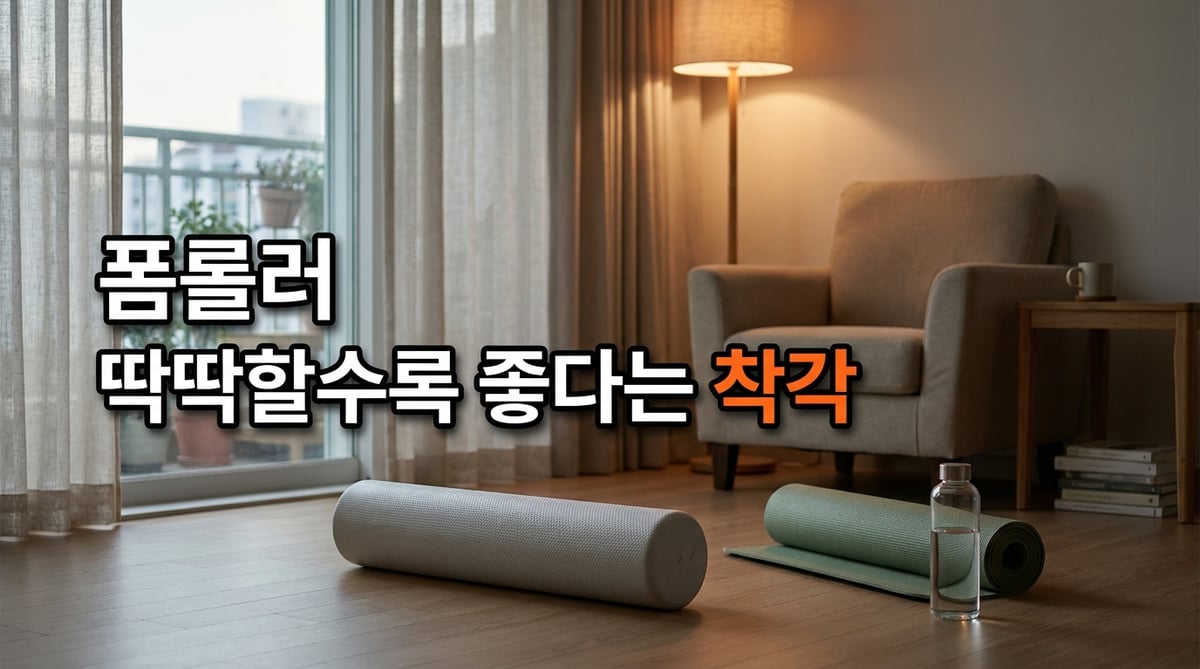 해질 무렵 거실 마루에 놓인 긴 회색 폼롤러와 말아둔 요가매트, 물병