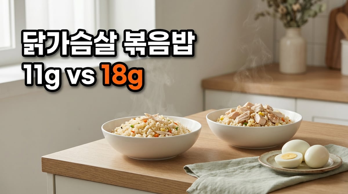 닭가슴살 볶음밥 두 그릇을 나란히 놓고 닭 조각이 적은 쪽과 많은 쪽을 비교한 주방 사진