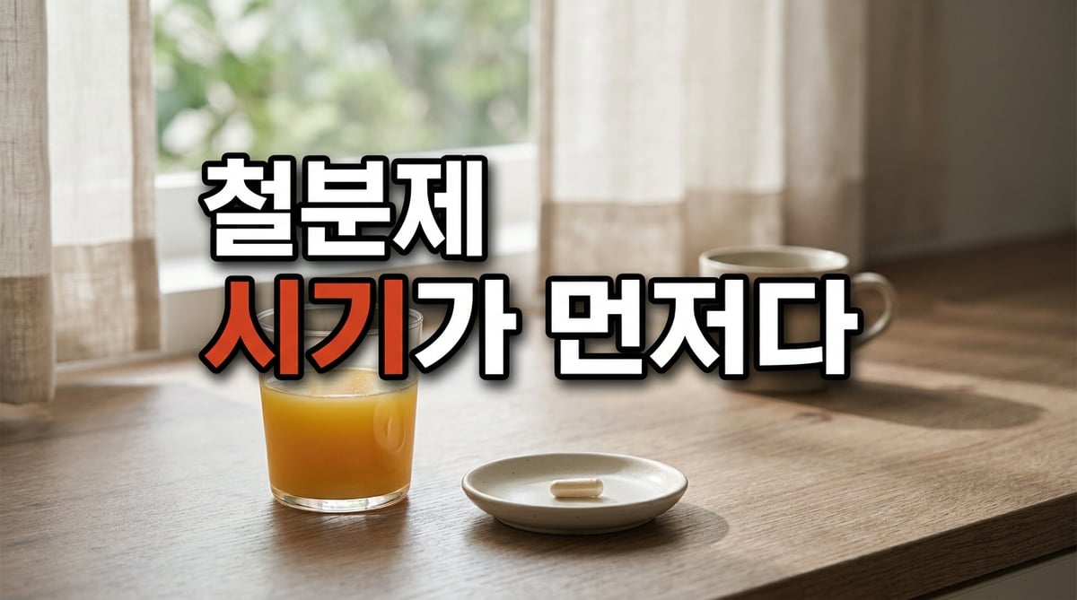 아침 주방 조리대에 놓인 오렌지주스 한 잔과 영양제 한 알, 뒤로 밀려난 커피잔