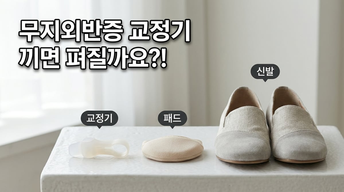 무지외반증 교정기·패드·넣은 발볼 신발을 나란히 놓고 비교한 사진