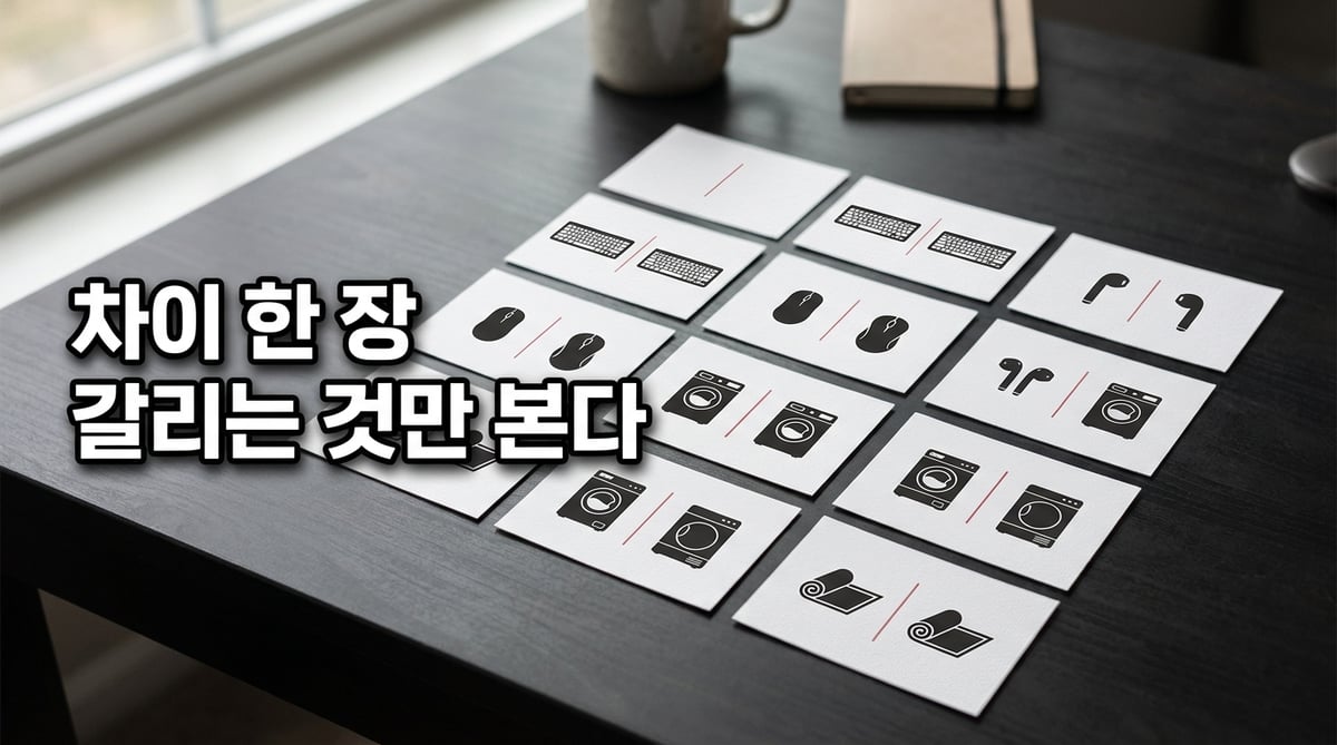 두 제품의 차이만 담은 비교 카드 열 장이 책상 위에 펼쳐진 모습