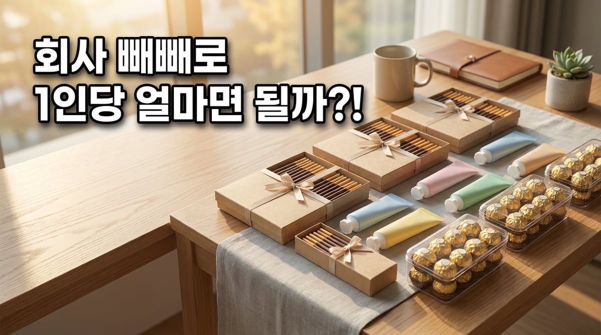 사무실 책상 위에 팀원 수만큼 나란히 놓인 빼빼로 상자와 핸드크림, 페레로로쉐 초콜릿