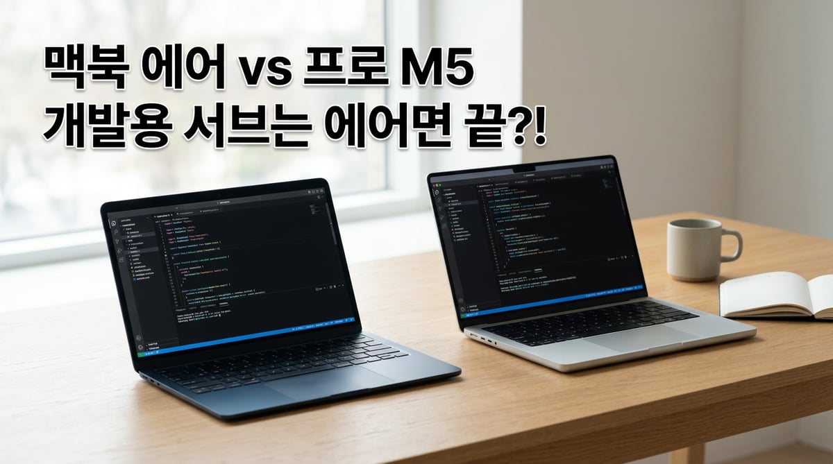 원목 책상 위에 나란히 펼쳐진 맥북 에어 13 M5와 맥북 프로 14 M5, 화면에 코드 에디터