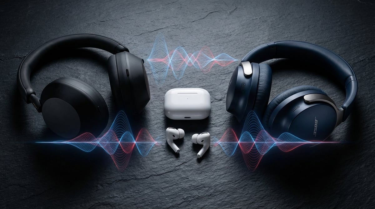 ANC 역위상 원리 다이어그램 — 소음 파형과 역위상 파형이 만나 상쇄되는 과정