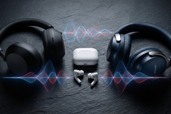 프리미엄 노이즈캔슬링 헤드폰과 이어버드가 함께 놓인 비교 이미지, 소음 차단 기술을 시각화한 배경 포함