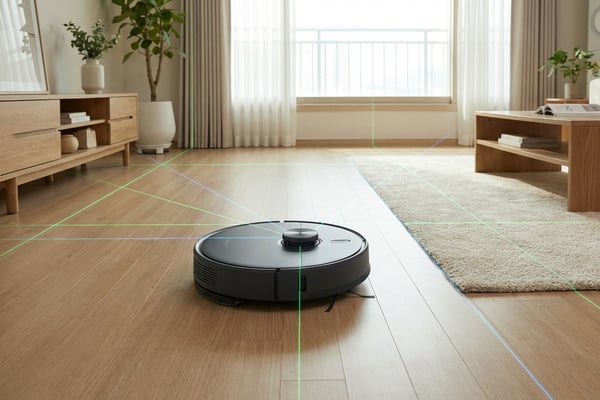 한국 아파트 거실에서 LiDAR 센서가 탑재된 프리미엄 로봇청소기가 레이저 매핑을 수행하며 청소하는 모습