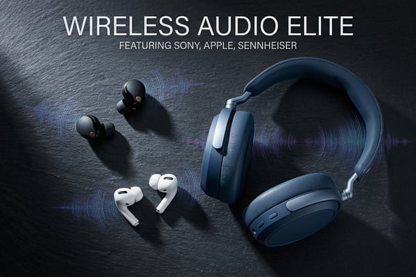 어두운 석판 위에 소니 WF-1000XM5, 에어팟 프로 2, 젠하이저 모멘텀 헤드폰이 배열된 프리미엄 무선 오디오 기기, 사운드 웨이브 그래픽 포함