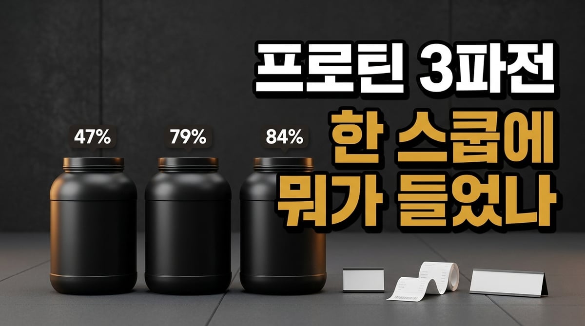 단백질보충제 세 통을 나란히 놓고 스쿱 1회 단백질 비율 47·79·84%를 표시한 비교 사진