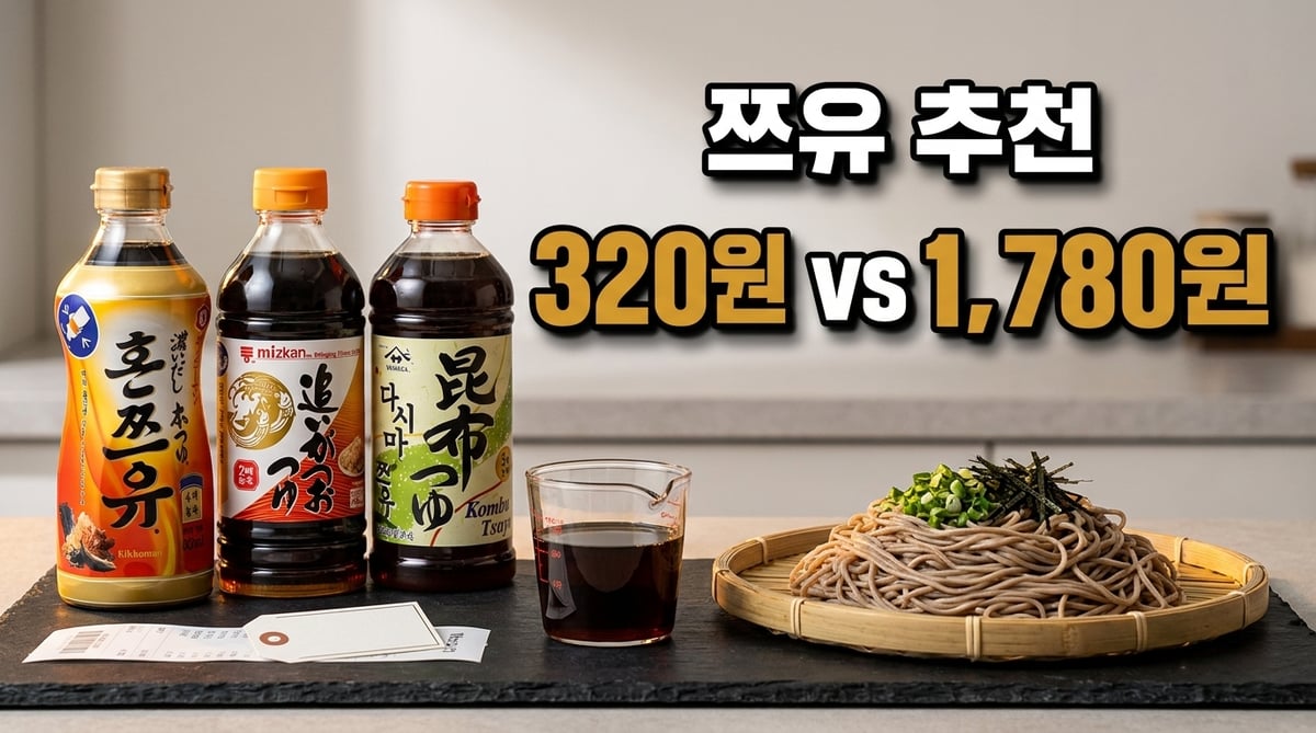 쯔유 세 병과 희석한 국물 계량컵, 메밀소바를 놓고 국물 100ml당 값 320원과 1,780원을 비교한 썸네일