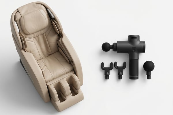 프리미엄 안마의자와 마사지건을 나란히 비교하는 제품 사진
