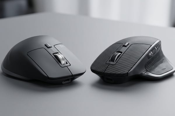 로지텍 MX Master 3s와 MX Master 4 두 마우스를 나란히 놓고 비교하는 제품 사진
