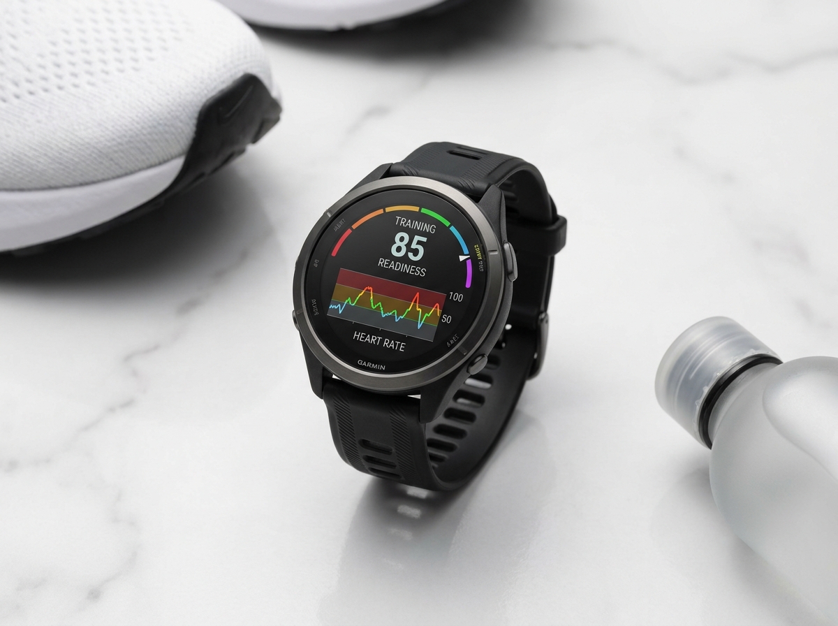 가민 포러너 265 스타일 러닝 GPS 워치. 1.3인치 AMOLED 터치스크린에 트레이닝 레디니스와 심박 그래프 표시. 화이트 마블 배경.