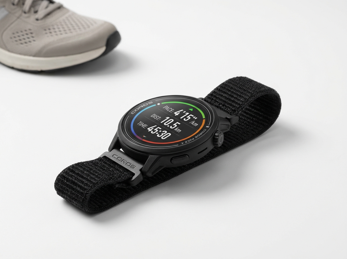 32g 초경량 코로스 Pace 4 스타일 러닝 워치. 1.2인치 AMOLED 디스플레이에 페이스 데이터가 표시됨. 화이트 배경에 스튜디오 라이팅.