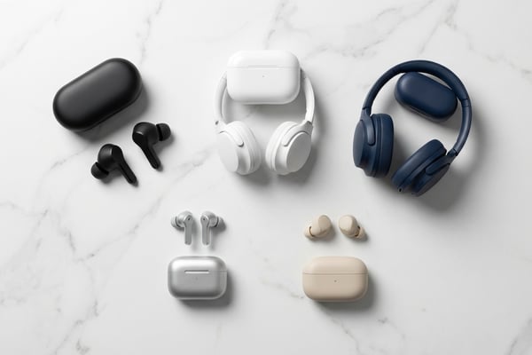 2026년 추천 무선 이어폰 5종이 충전 케이스와 함께 대리석 위에 나란히 놓여 있는 모습