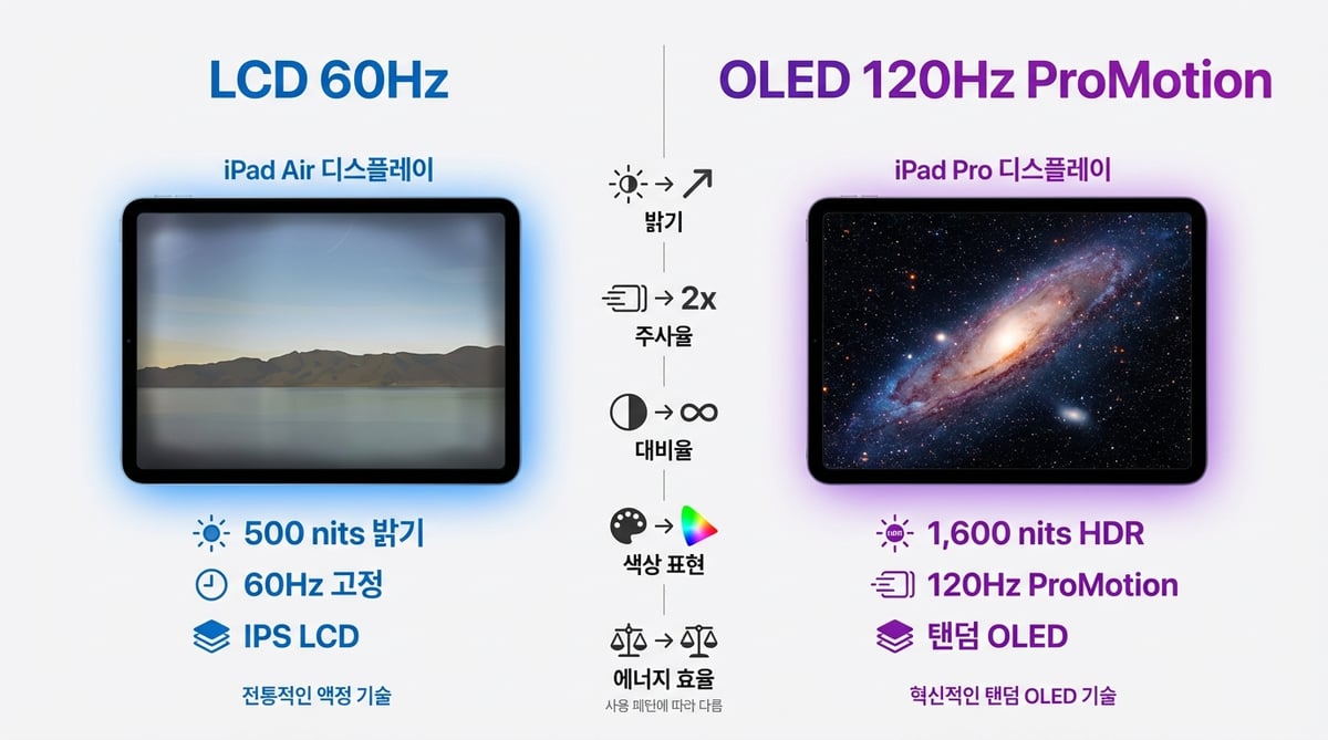 아이패드 에어 M4의 LCD 60Hz 500nit과 아이패드 프로 M4의 OLED 120Hz ProMotion 1600nit 디스플레이 비교 인포그래픽