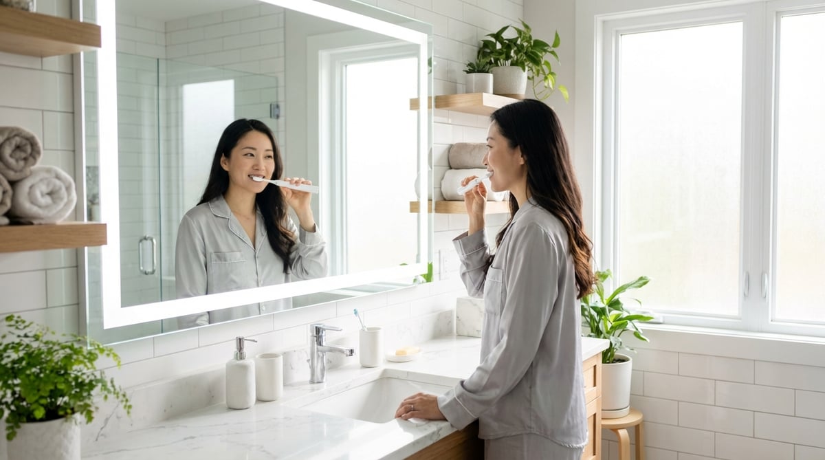 30대 한국 여성이 밝은 현대식 욕실에서 전동칫솔로 양치하는 아침 루틴 라이프스타일 사진