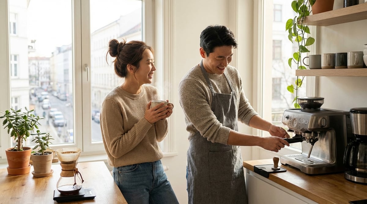 30대 한국 커플이 아늑한 아파트 주방에서 함께 홈브루잉 커피를 즐기는 아침 라이프스타일 사진