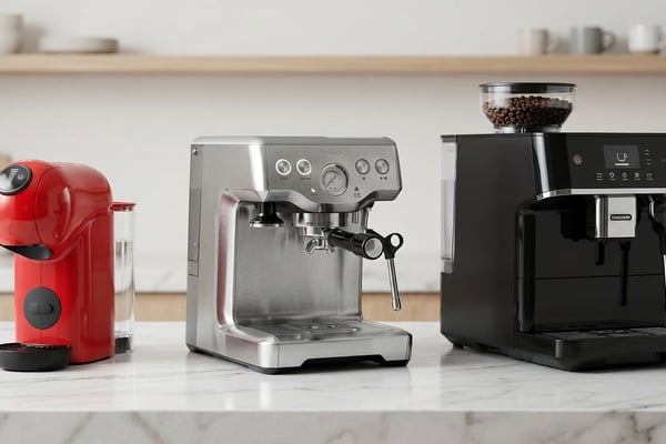캡슐, 반자동, 전자동 커피머신 세 대를 나란히 비교한 제품 사진