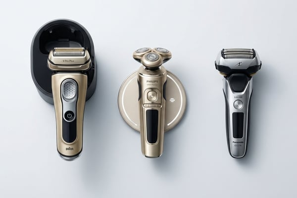 브라운 시리즈9 PRO+, 필립스 SP9883, 파나소닉 람대쉬 ES-LV9E 세 대의 프리미엄 전기면도기를 나란히 비교한 제품 사진