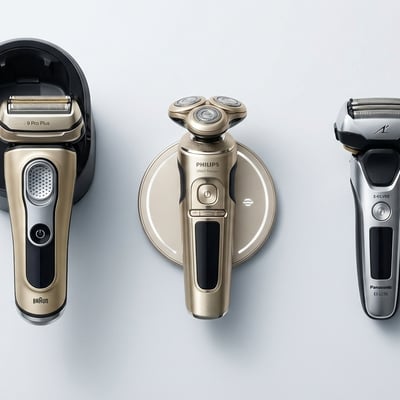 브라운 시리즈9 PRO+, 필립스 SP9883, 파나소닉 람대쉬 ES-LV9E 세 대의 프리미엄 전기면도기를 나란히 비교한 제품 사진
