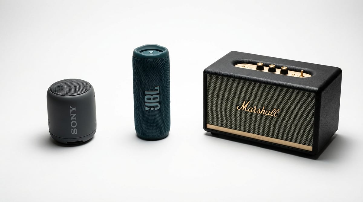 소니 ULT FIELD 1, JBL Charge 6, 마샬 엠버튼 III 세 대의 블루투스 스피커가 흰 배경 위에 나란히 놓인 제품 비교 사진
