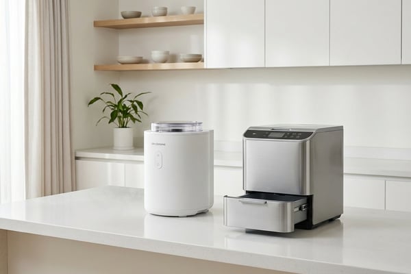 깔끔한 주방 카운터 위에 나란히 놓인 건조분쇄형과 미생물형 음식물 처리기