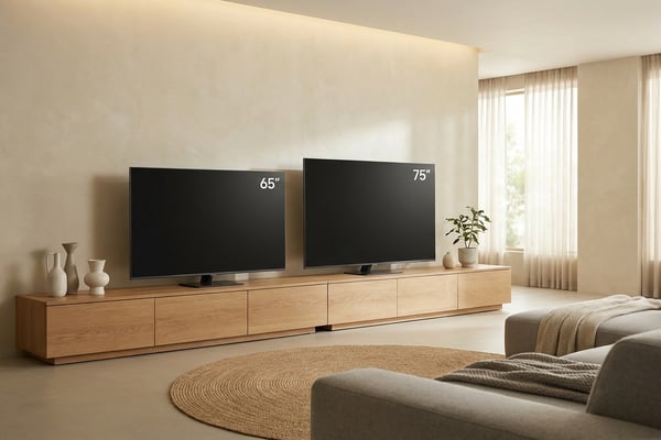세련된 한국 거실에 65인치와 75인치 TV를 나란히 놓아 크기를 비교하는 모습, 미니멀 인테리어와 따뜻한 간접조명