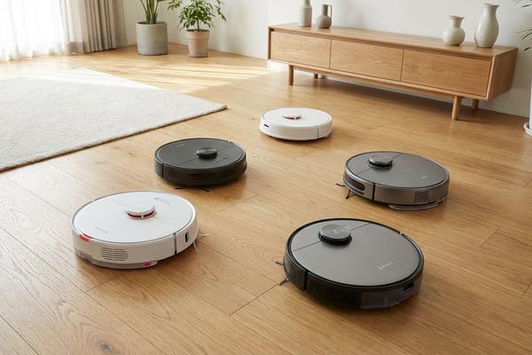다양한 브랜드의 로봇청소기들이 밝은 원목 바닥 위에 정렬된 제품 사진. LiDAR 터렛과 세련된 디자인이 돋보인다